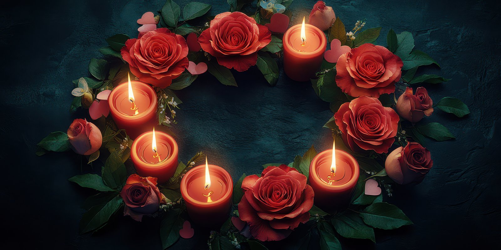 Romantic wreath of roses and candles creating a warm, inviting atmosphere for a special occasion